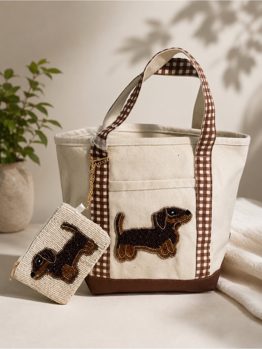 Canvas Dachshund Beaded Mini Tote Bag with Matching Pouch